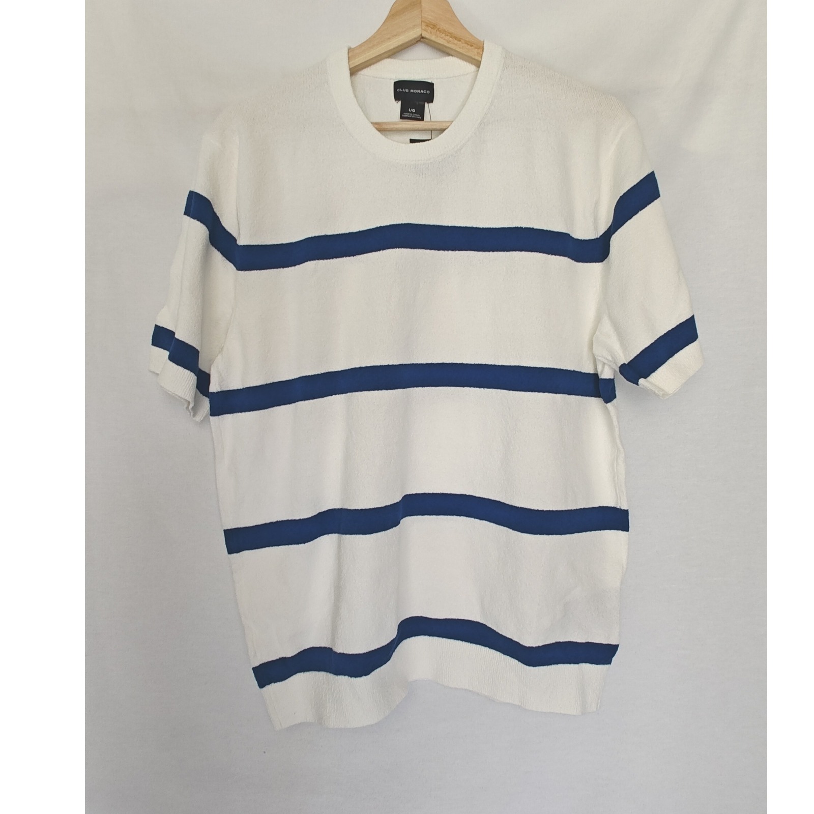 Club Monaco Sweater Tee Short Sleeve Micro Boucle Striped White Blue L New